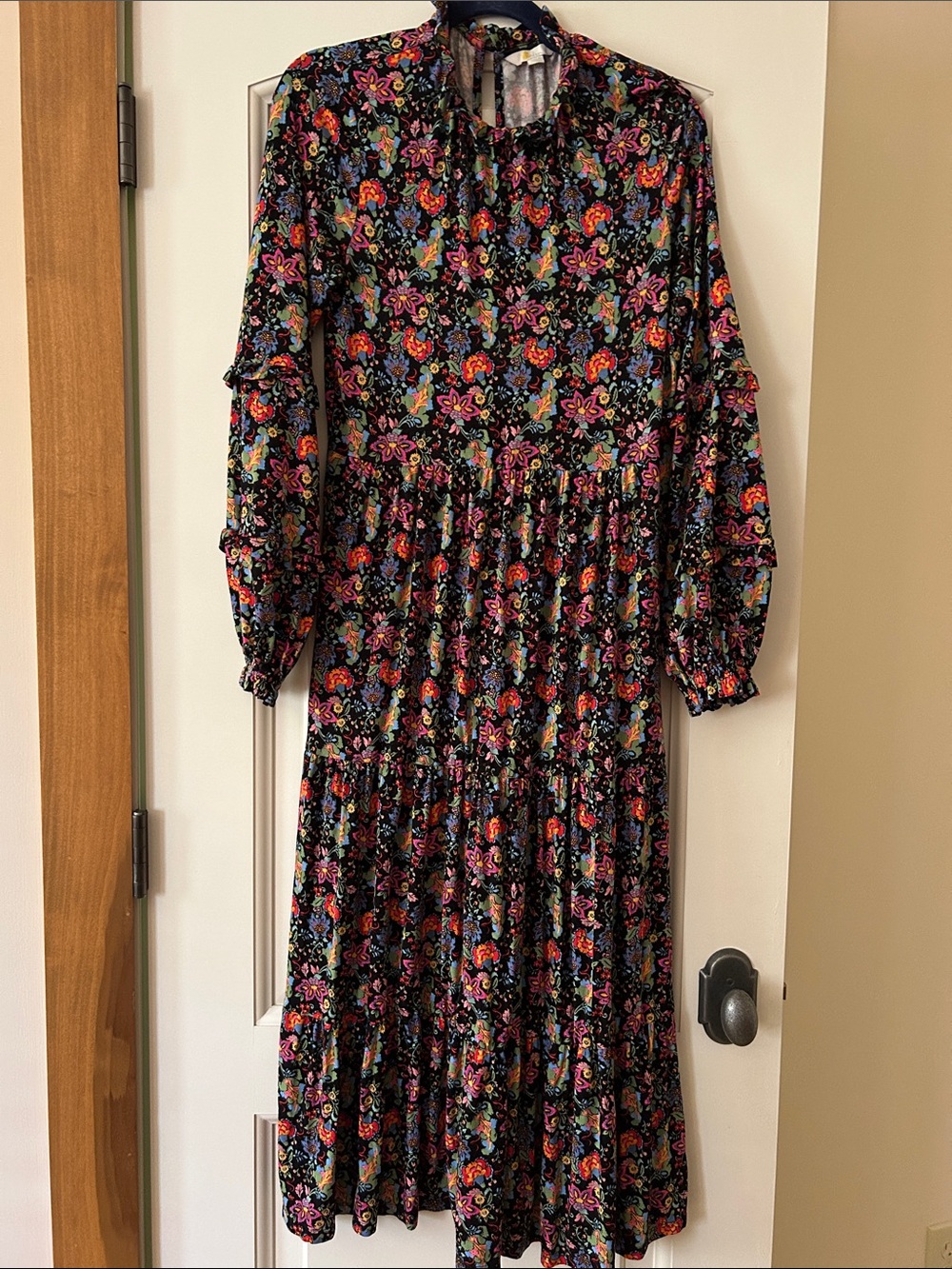 Boden Black Long-Sleeve Tiered Floral Midi Dress